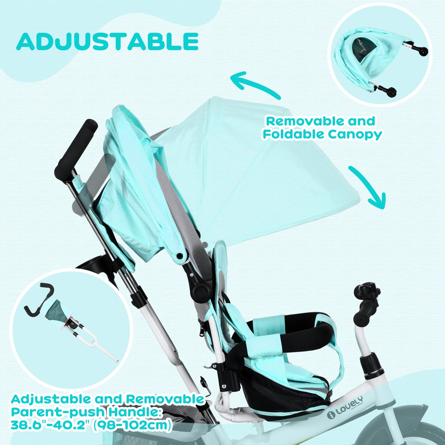 HOMCOM 4 in 1 Kids Trike Push Bike w/ Push Handle Canopy 5-point Safety Belt Storage Footrest Brake for 1-5 Years Green