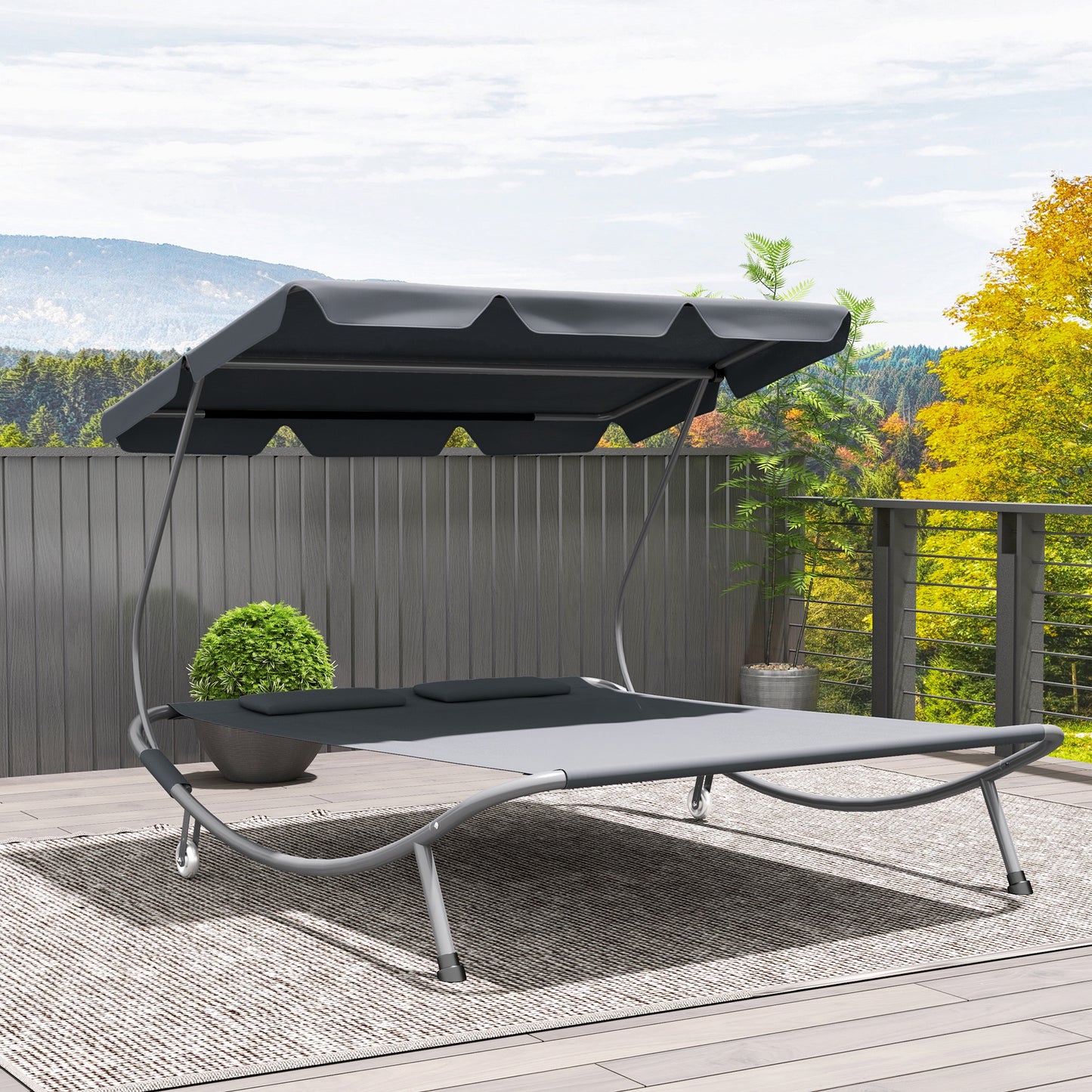 Outsunny Double Hammock Sun Lounger Bed with Canopy Shelter, Wheels & 2 Pillows, Light Grey
