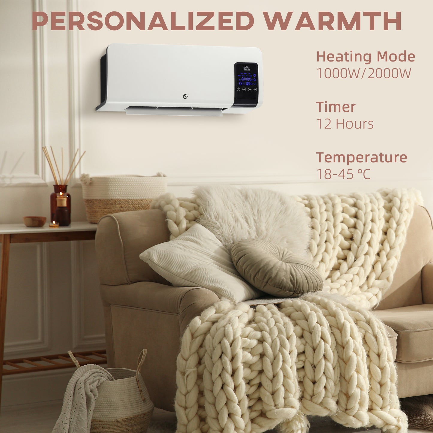 HOMCOM Electric Heater, 2000W Wall Mounted Space Heater with Remote Control, White