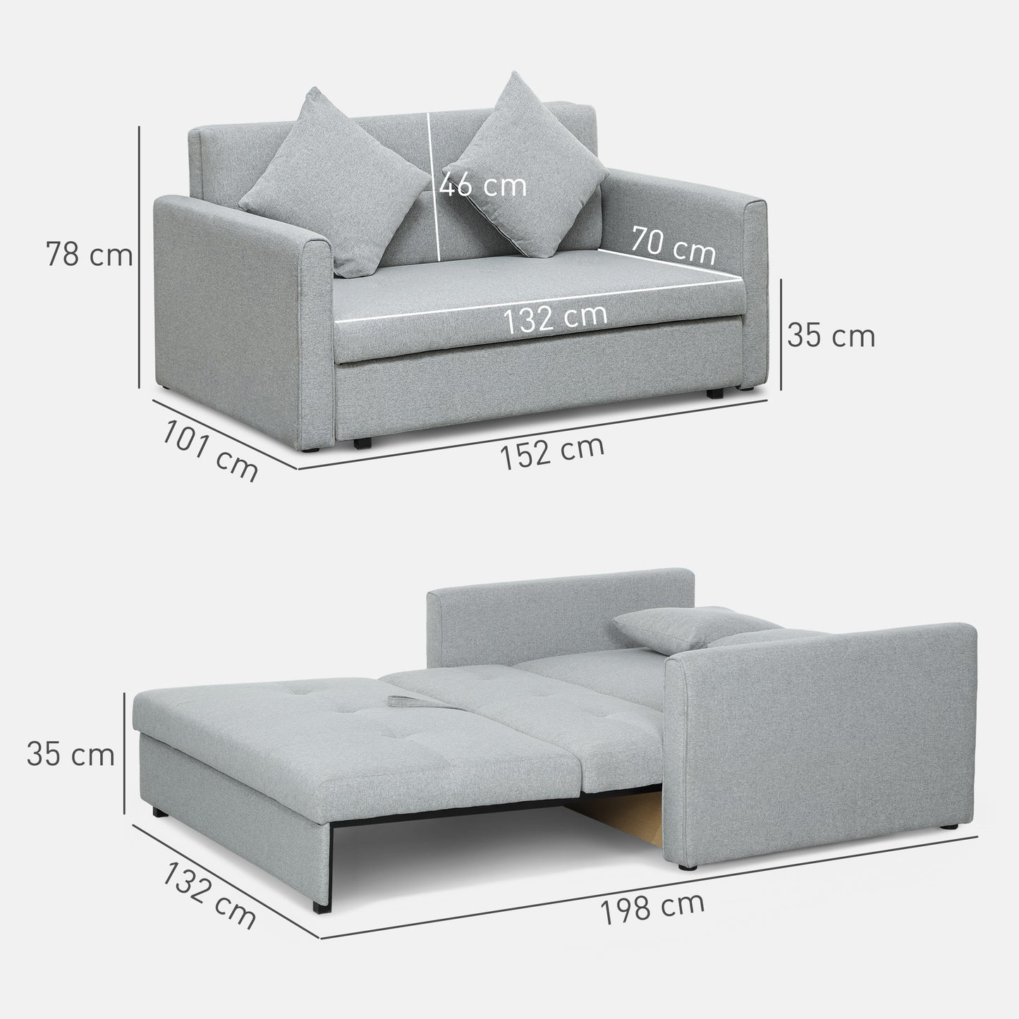 HOMCOM 2 Seater Sofa Bed, Convertible Loveseat with 2 Cushions, Hidden Storage, Modern Fabric for Living or Guest Room, Light Grey