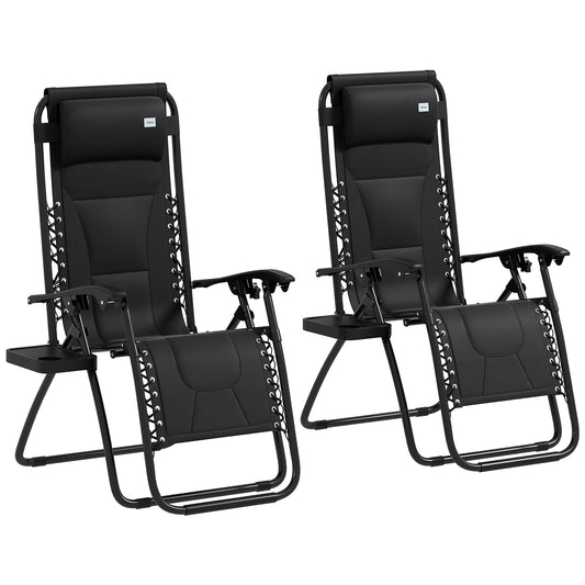 Outsunny Foldable Reclining Garden Chair Set of 2, Zero Gravity Chairs, Padded Seat, Cup Holder, Black