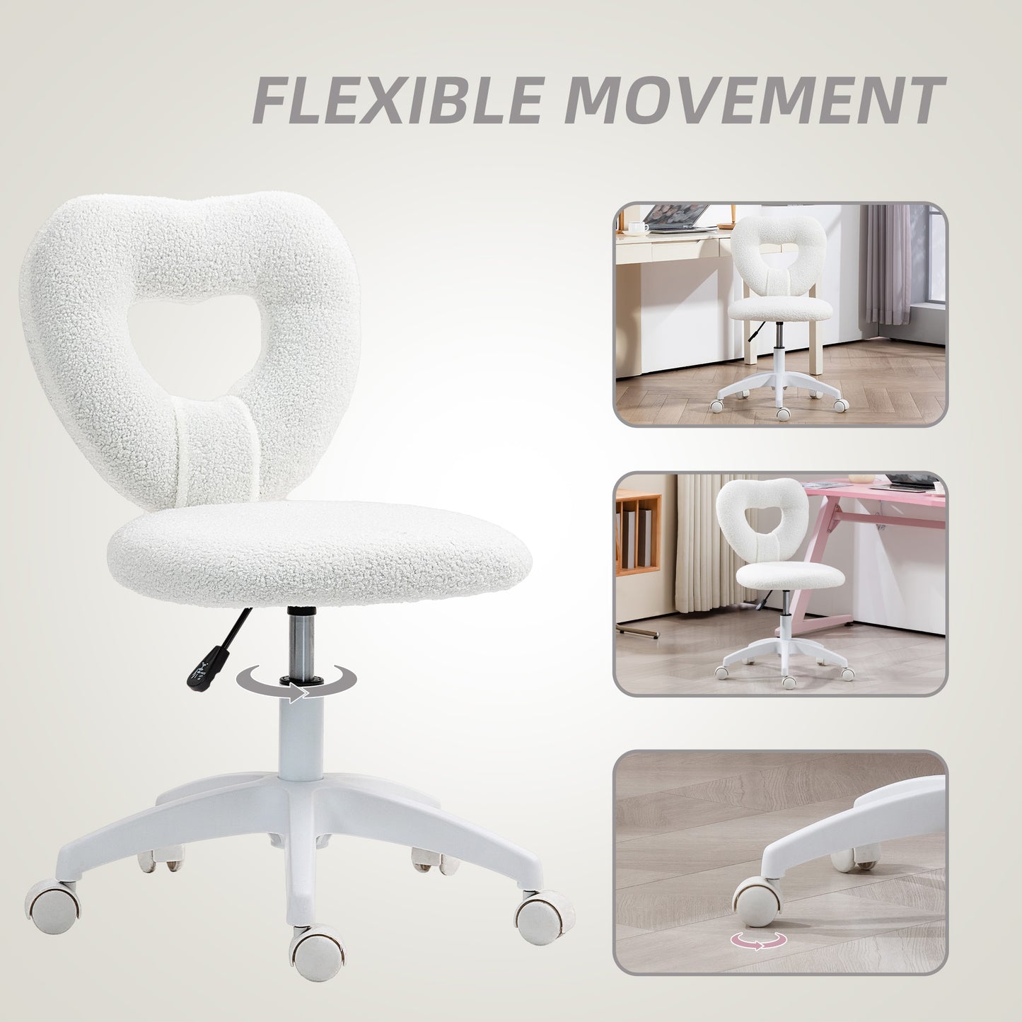 HOMCOM Armless Heart Computer Desk Chair, Swivel Office/Vanity Chair, Height Adjustable with Wheels, Teddy Fleece, White