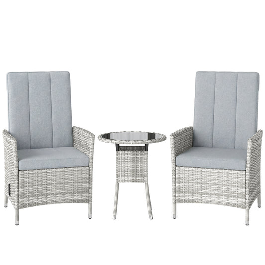 Outsunny Rattan Bistro Set, Reclining Garden Chairs and Glass Coffee Table with Cushions for Patio Balcony Porch, Light Grey