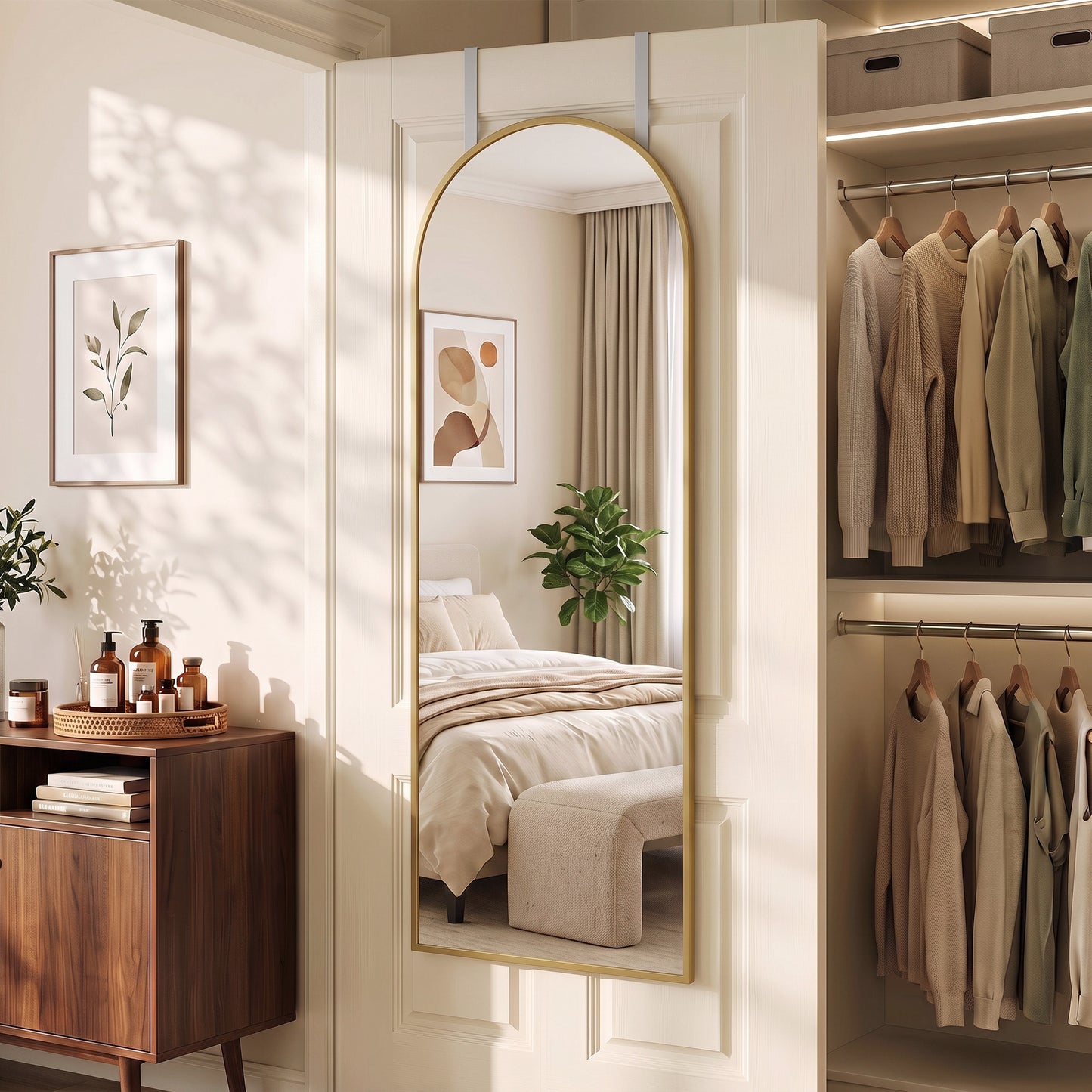 HOMCOM 40 x 110 cm Full Length Hanging Mirror, Arched Mirror with Adjustable Hooks, Over-the-Door or Wall-Mounted, Gold Tone