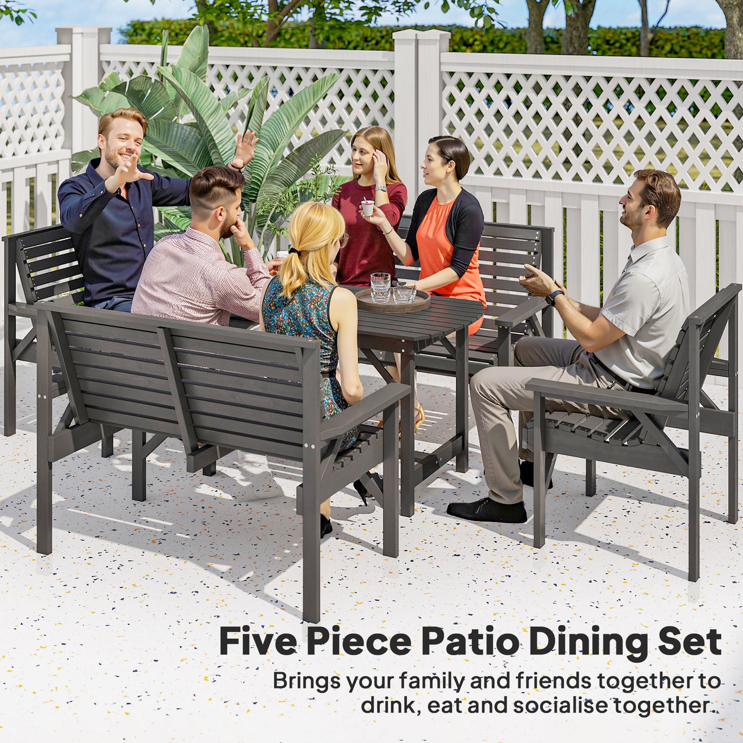Outsunny 5-Piece Wooden Garden Dining Set for 6, 2 Armchairs, 2 Loveseats, Dining Table with Umbrella Hole, Patio/ Balcony, Grey