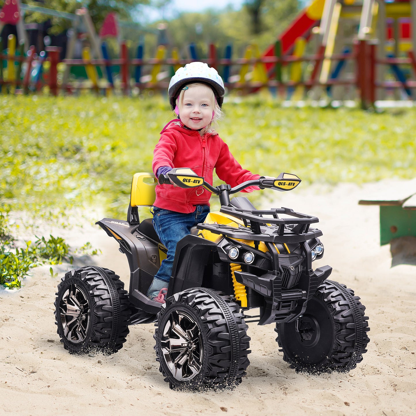 HOMCOM 12V Quad Bike ATV with LED Lights, Music, Backrest, Forward, Backward, Yellow