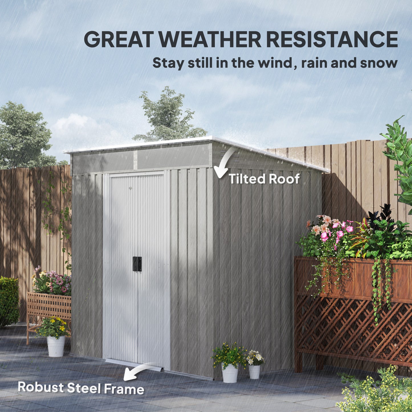 Outsunny 6.5 x 4FT Galvanised Metal Shed with Foundation Kit, Lockable Tool Garden Shed with Double Sliding Doors, Vents, Light Grey Wood Effect