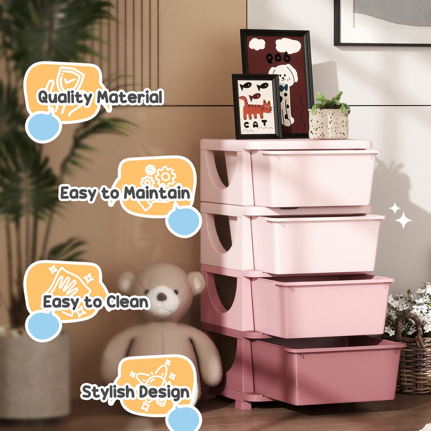 HOMCOM Four-Tier Kids Storage Boxes, with Four Drawers - Pink