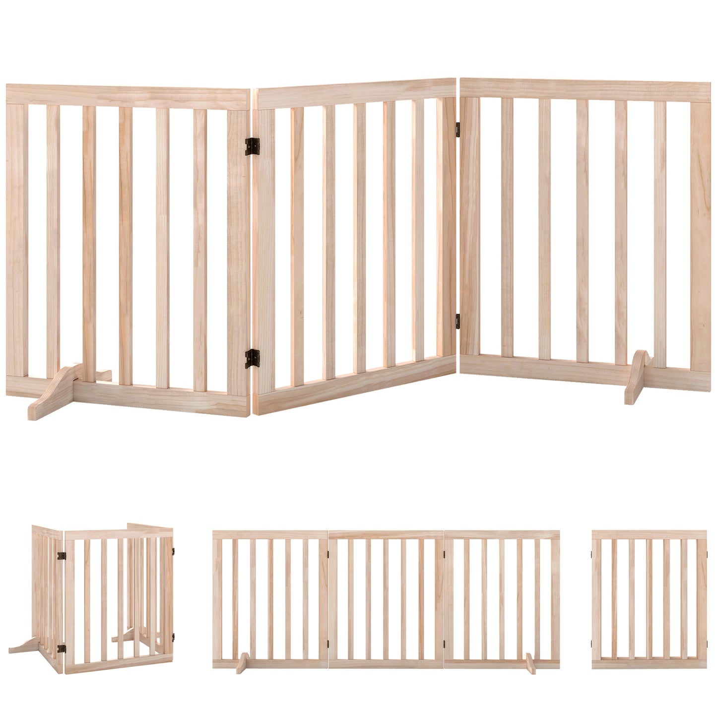 PawHut Wooden Dog Gate, 3-Panel Freestanding Pet Gates Indoor with 2 Support Feet and 360° Flexible Hinges, Natural