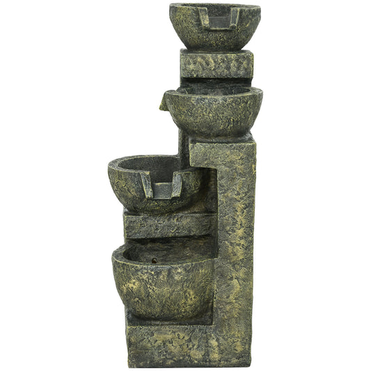Outsunny Garden Water Feature Waterfall Fountain with 4-Tier Stone Look Bowls Adjustable Flow Black and Yellow