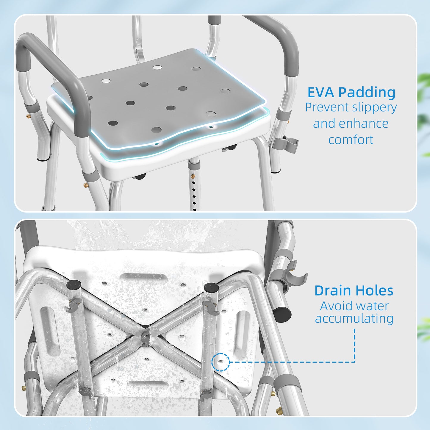 HOMCOM EVA Padded Shower Chair, Height Adjustable with Back & Arms, 4 Suction Foot Pads for Elderly & Disabled, Light Grey