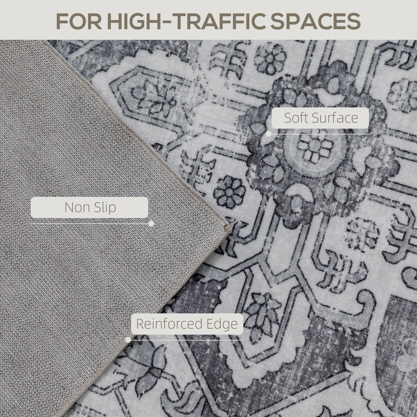 HOMCOM Vintage Area Rug, Floral Pattern, Non-Slip, Washable Flannel Carpet for Living Room, Bedroom, Dining Room, Home Office, 230x160 cm, Grey
