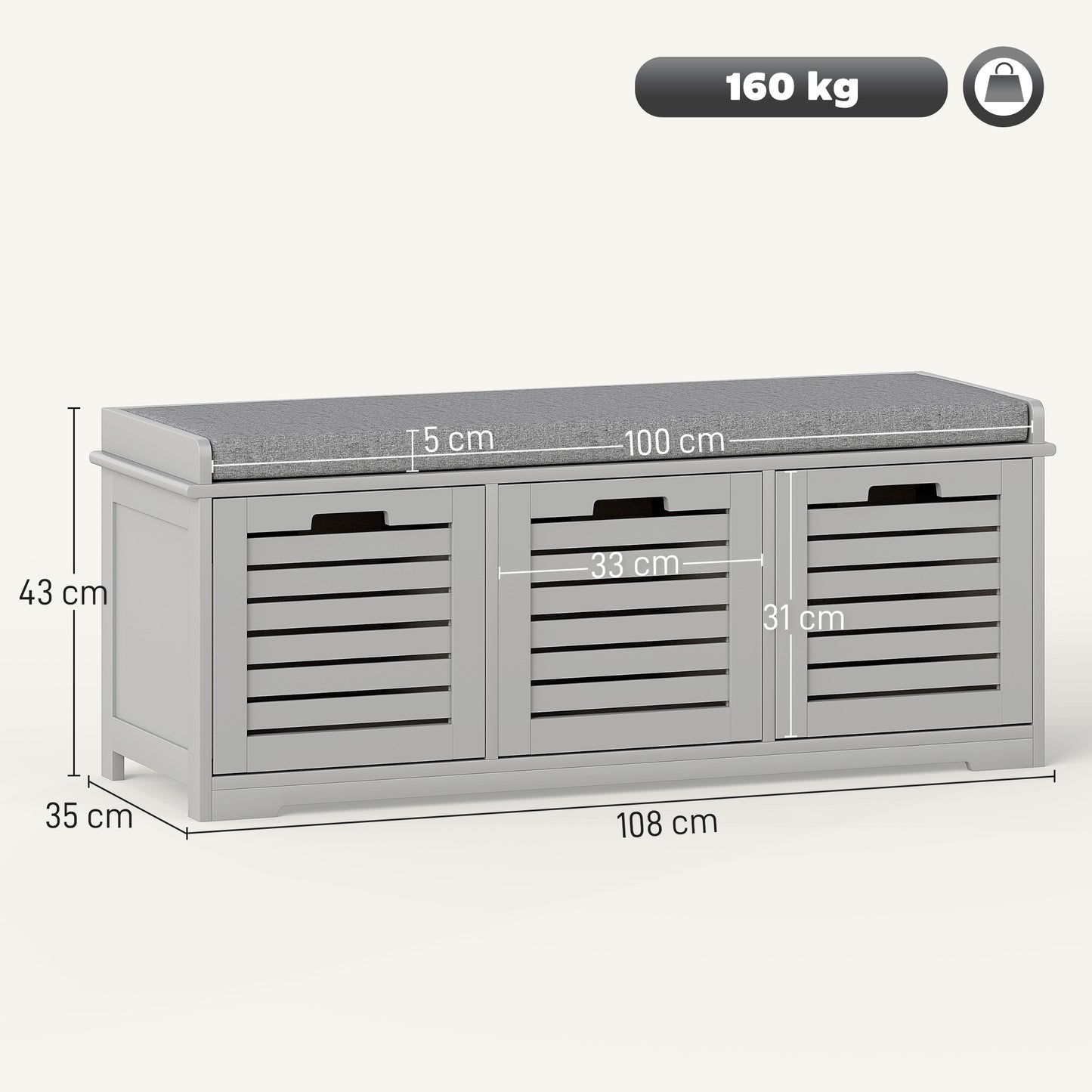 HOMCOM 3-Drawer Shoe Storage Bench - Grey