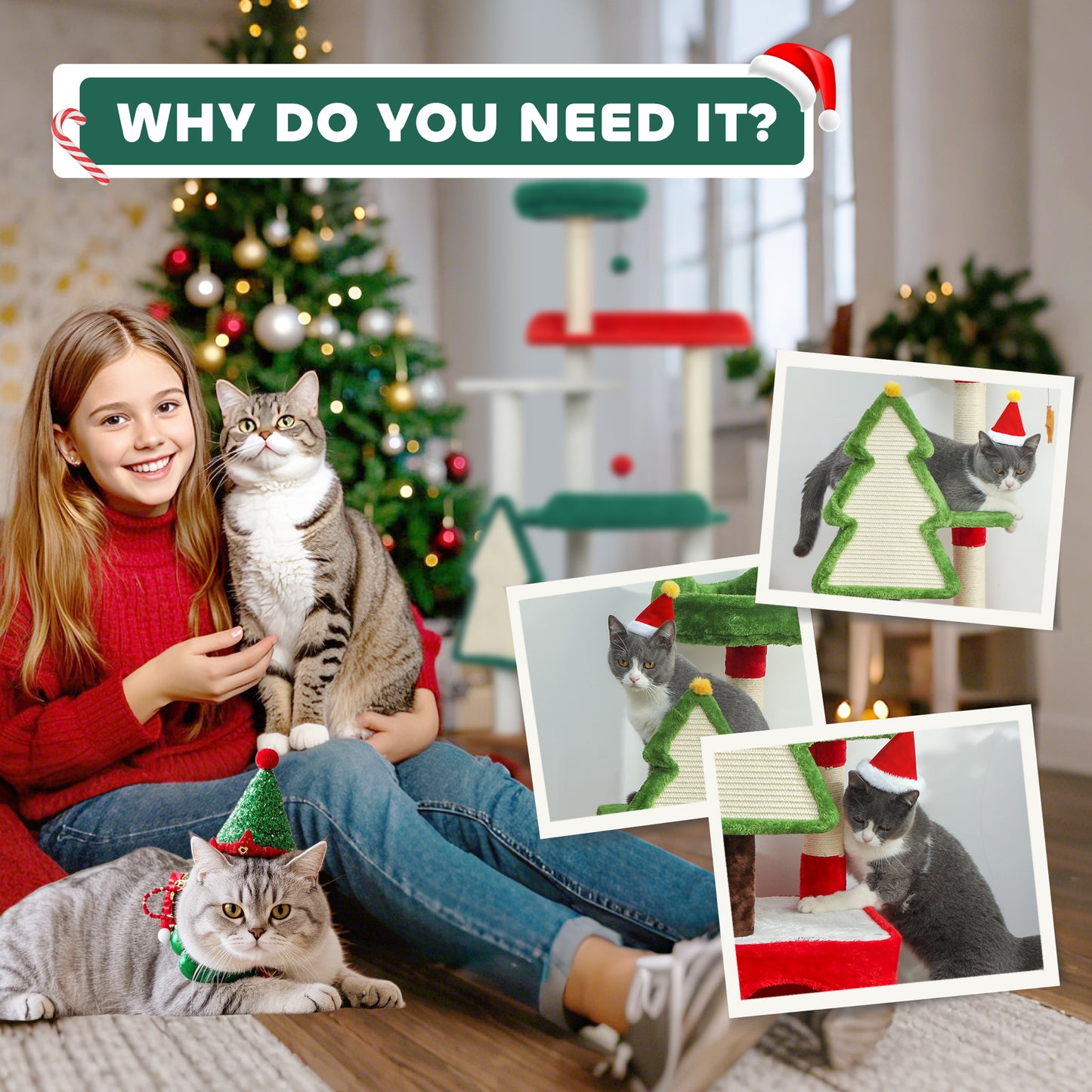 PawHut Christmas Cat Tree, 120cm Cat Tower with Scratching Post & Board, Platform, Toys, Green