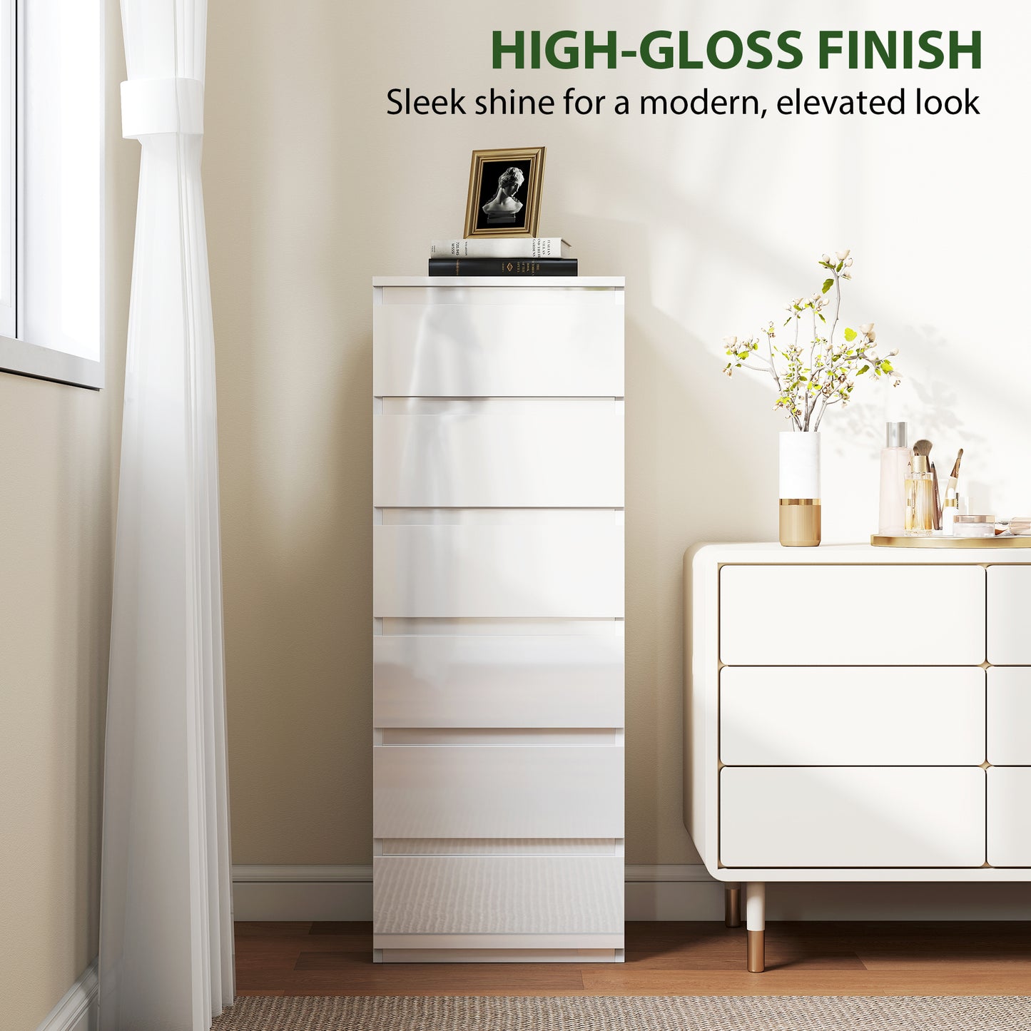 HOMCOM Chest of Drawers High Gloss Finish 6 Drawer Dresser Space Saving Slim Design Handle Free Drawers High-Gloss White