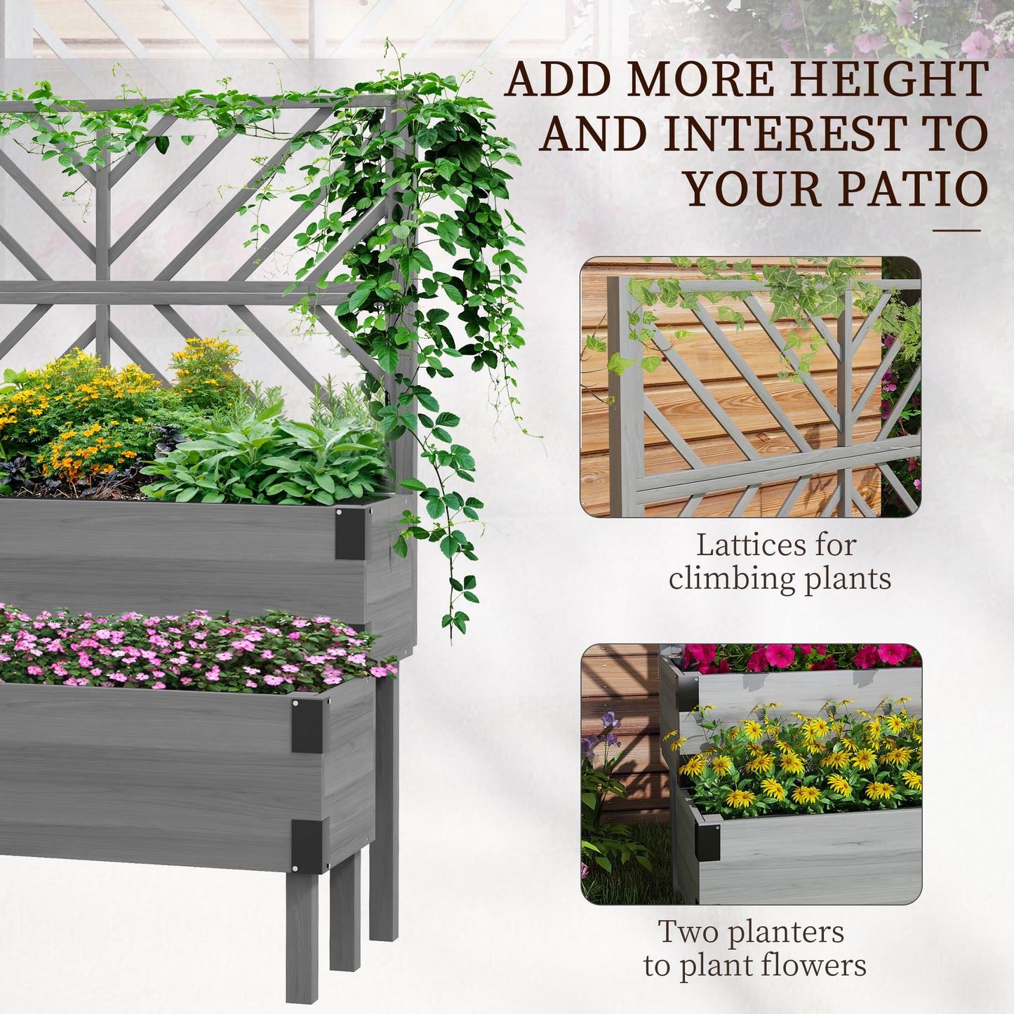 Outsunny Raised Garden Bed with Trellis, 2-Tier Wooden Elevated Planter Box  for Vegetables, Flowers, Herbs, Grey