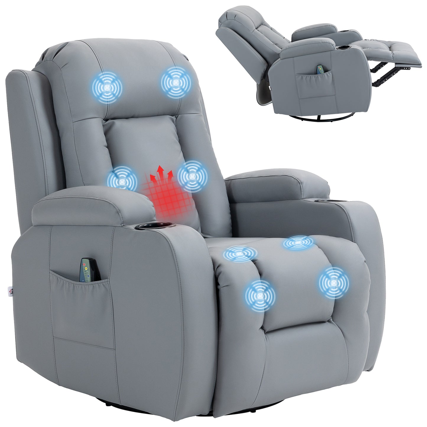 HOMCOM Massage Recliner Chair with Heat, PU Leather, Cup Holders, Side Pockets, Swivel, Rocking, Grey