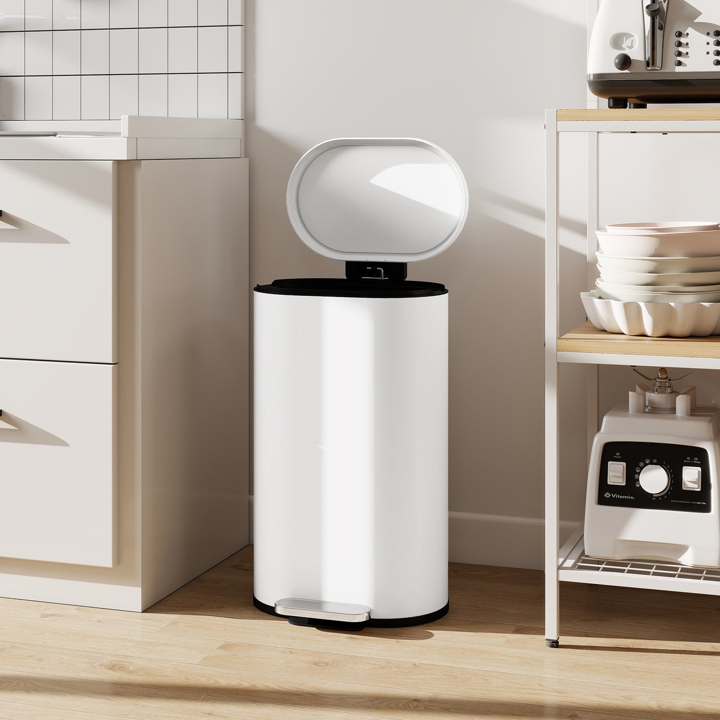 HOMCOM 30L Kitchen Bin, Slim Rectangular Pedal with 90° Stay-Open and Soft-Close Lid, Removable Inner Bucket, Fingerprint-Resistant, Cream.
