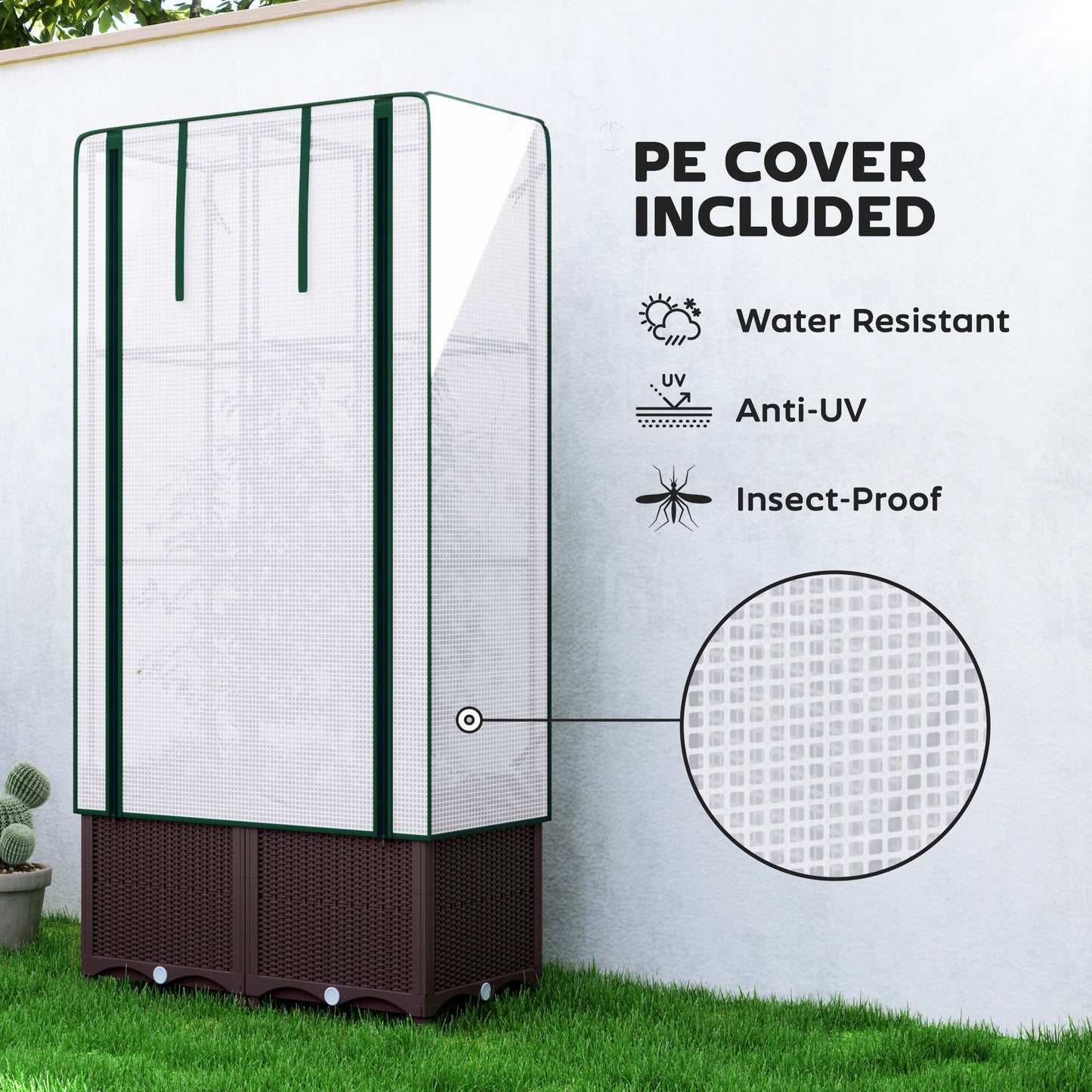 Outsunny Raised Garden Bed with Trellis, Plastic Planter Box with Drainage for Climbing Plants, 80x40x140 cm