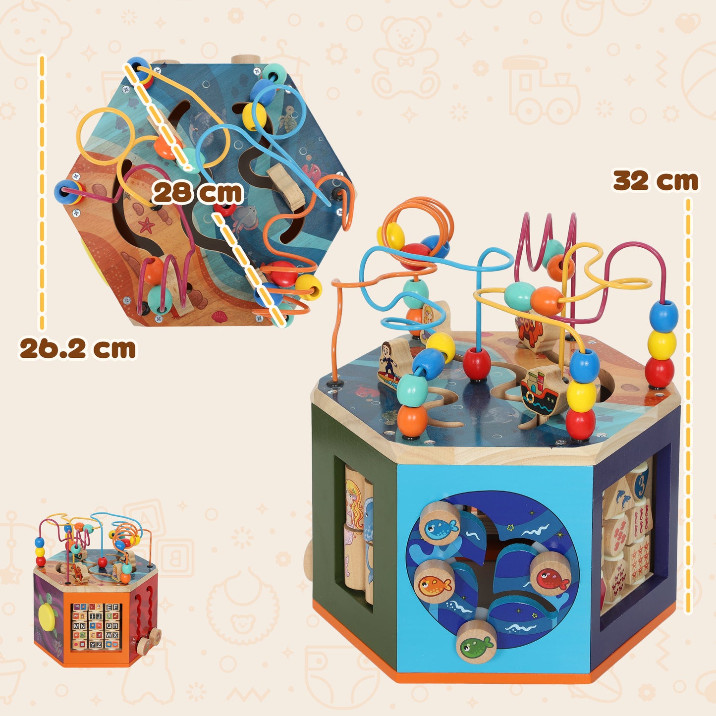 AIYAPLAY Wooden Activity Cube, Baby Toys with Bead Maze, Pattern Sorter for Toddlers Boys and Girls 18+ Months