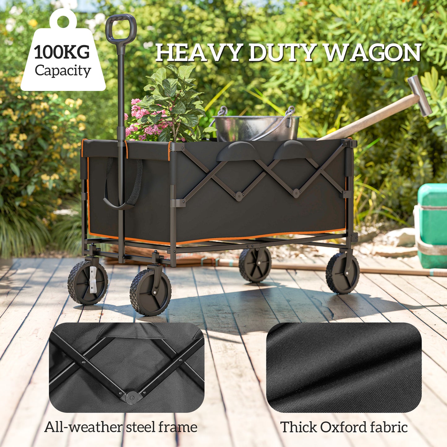 Outsunny 160L Festival Trolley on Wheels, Folding Camping Cart w/ Tailgate, 100kg Heavy Duty Garden Wagon w/ Adjustable Handle, Black and Orange