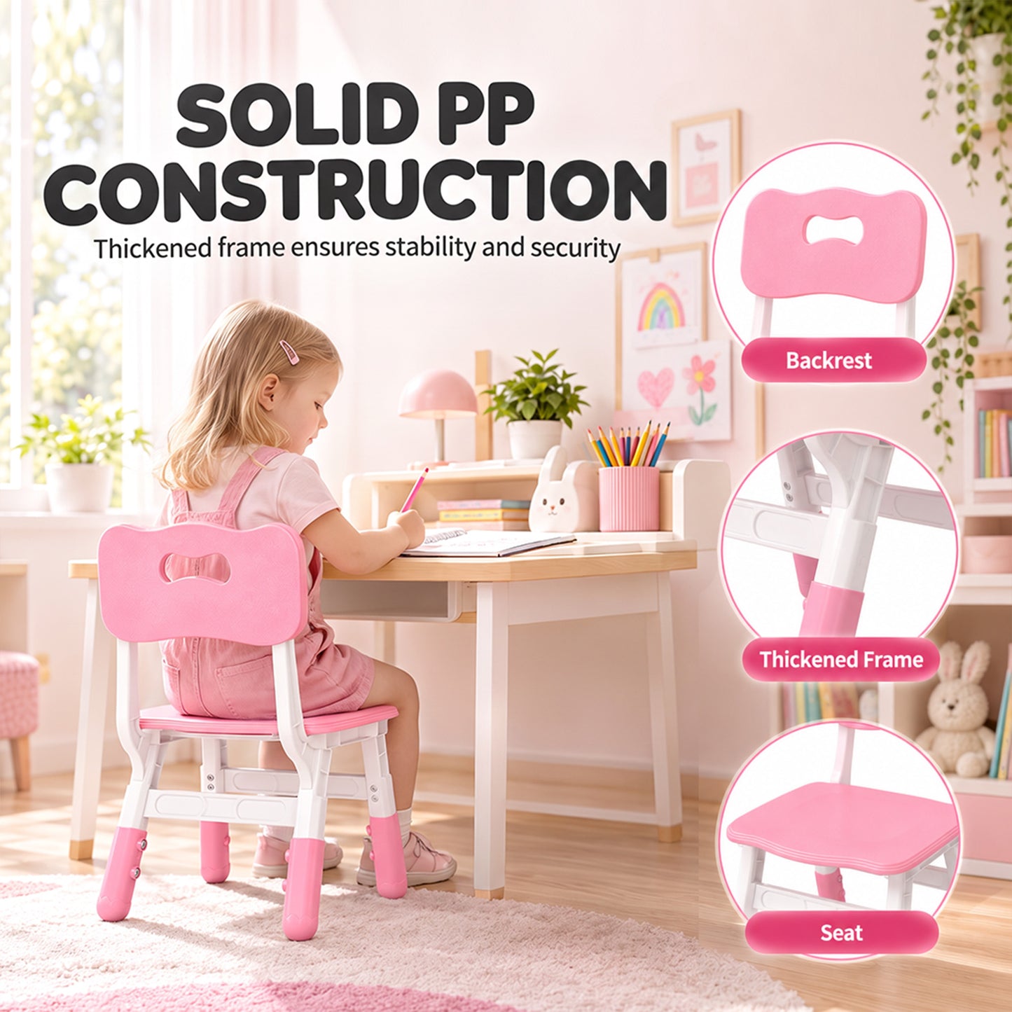 AIYAPLAY 2 PCS Kids Desk Chairs, 3 Level Height Adjustable Children's Chairs with Backrest for 1.5-8 Years, Max Load 50KG, Pink