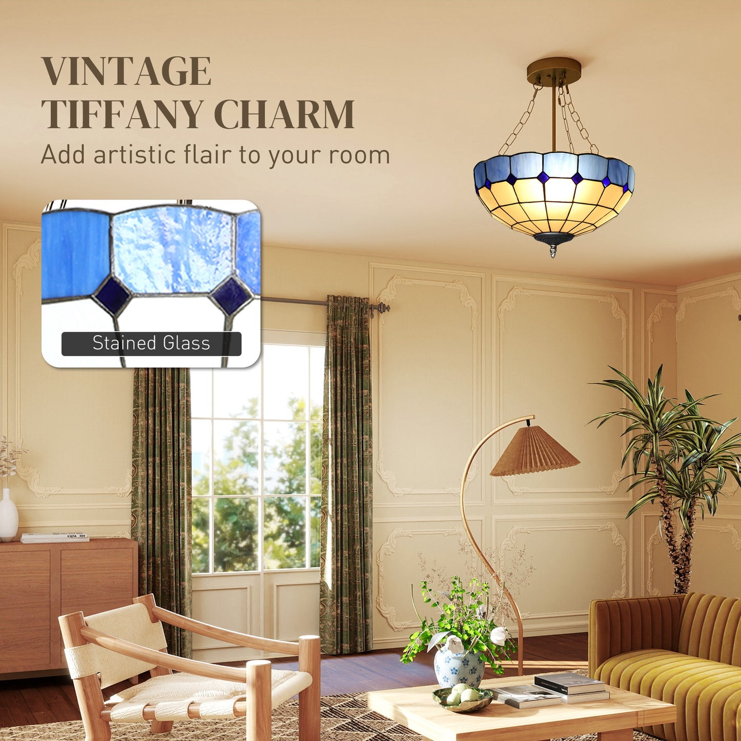 HOMCOM Tiffany Style Ceiling Light, Vintage Chandelier with 3 E27 Sockets, Semi Flush Mount for Living Room, Bulbs Not Included Blue