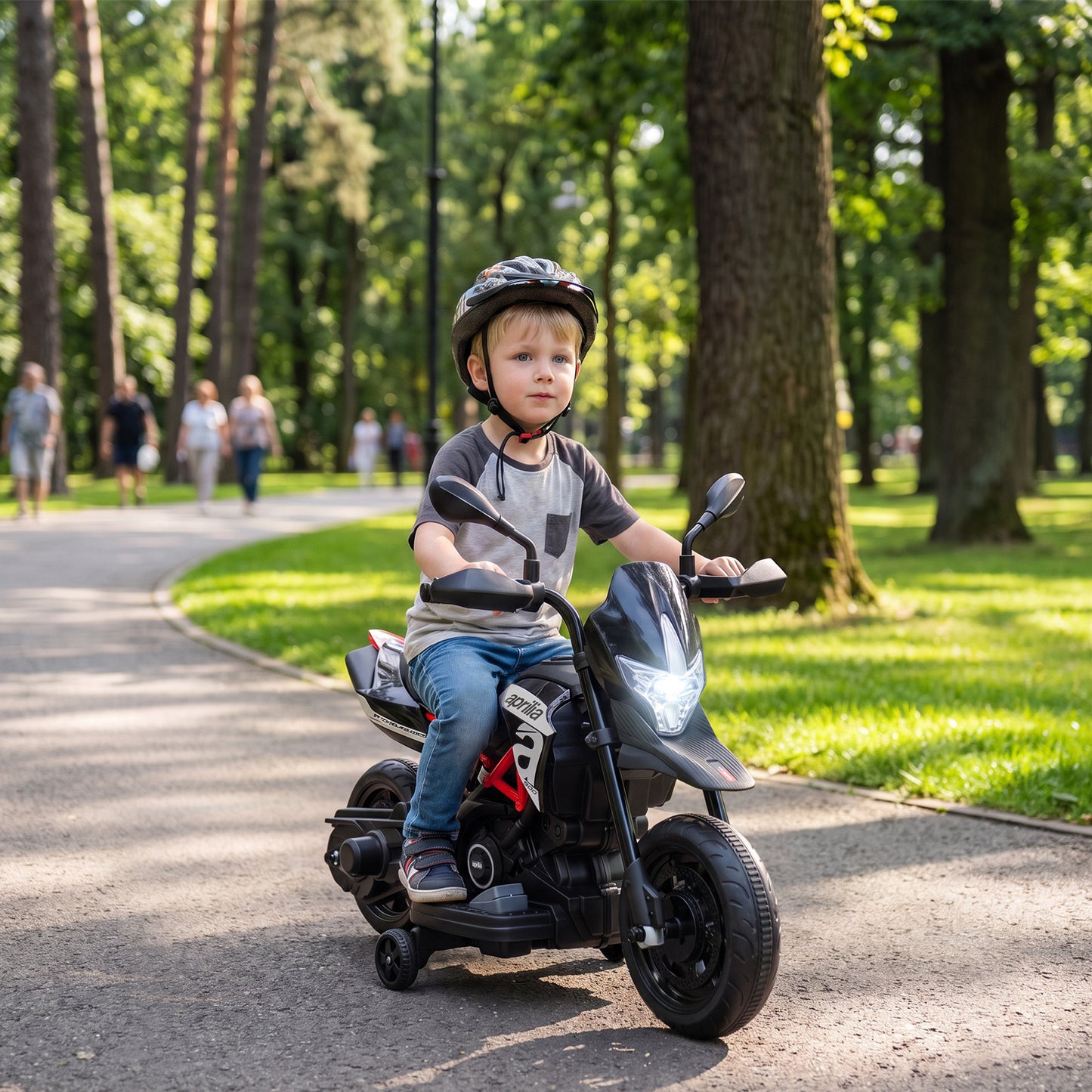 AIYAPLAY 6V Kids Electric Motorbike with Training Wheels, Headlight, Music, Horn for 80-110 cm Height, 18 Months-4 Years, Black