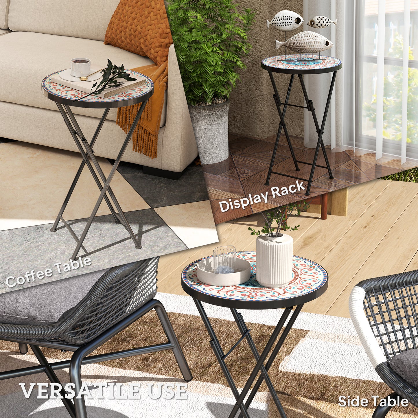 Outsunny Mosaic Garden Table, 35.5cm Round Folding Coffee Table with Metal Frame, Indoor Outdoor Table for Balcony Terrace, Multicolour
