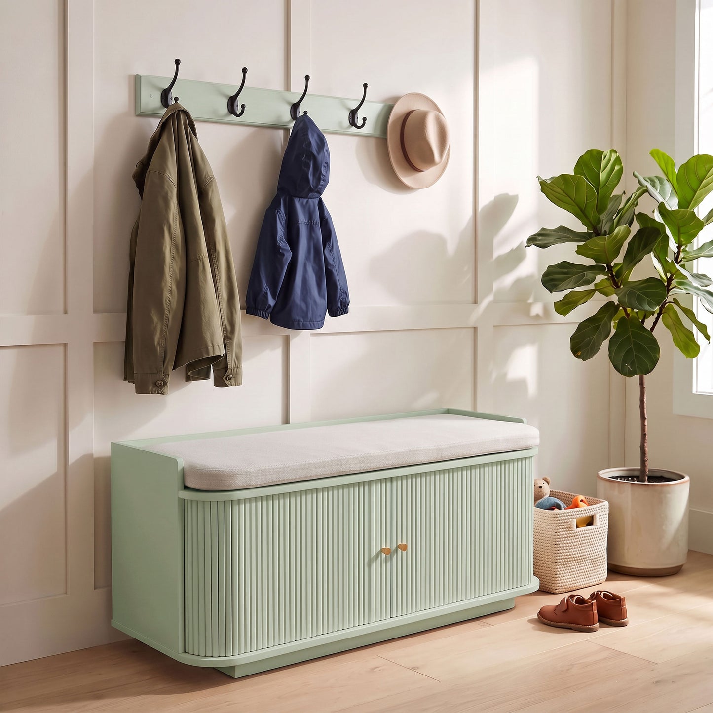 HOMCOM Hallway Storage Unit, Hallway Furniture Set with Shoe Storage Cabinet and 5 Hooks Coat Rack, Light Green