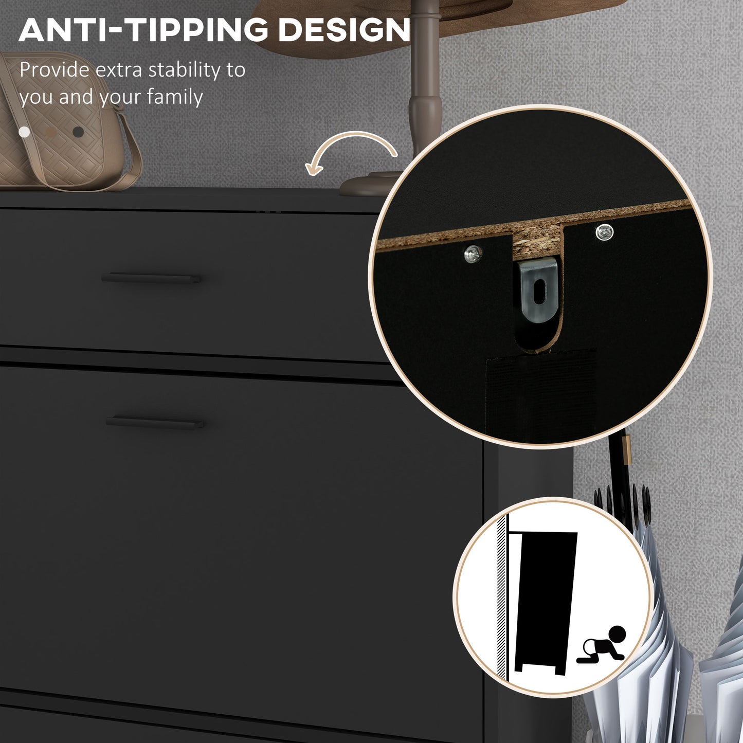 HOMCOM 3 Drawer Shoe Cabinet Cupboard with 2 Flip Doors, Sliding out Drawer and Adjustable Shelf for 12 Pairs of Shoes, Narrow Shoe Storage Organiser for Hallway, Entryway, Black