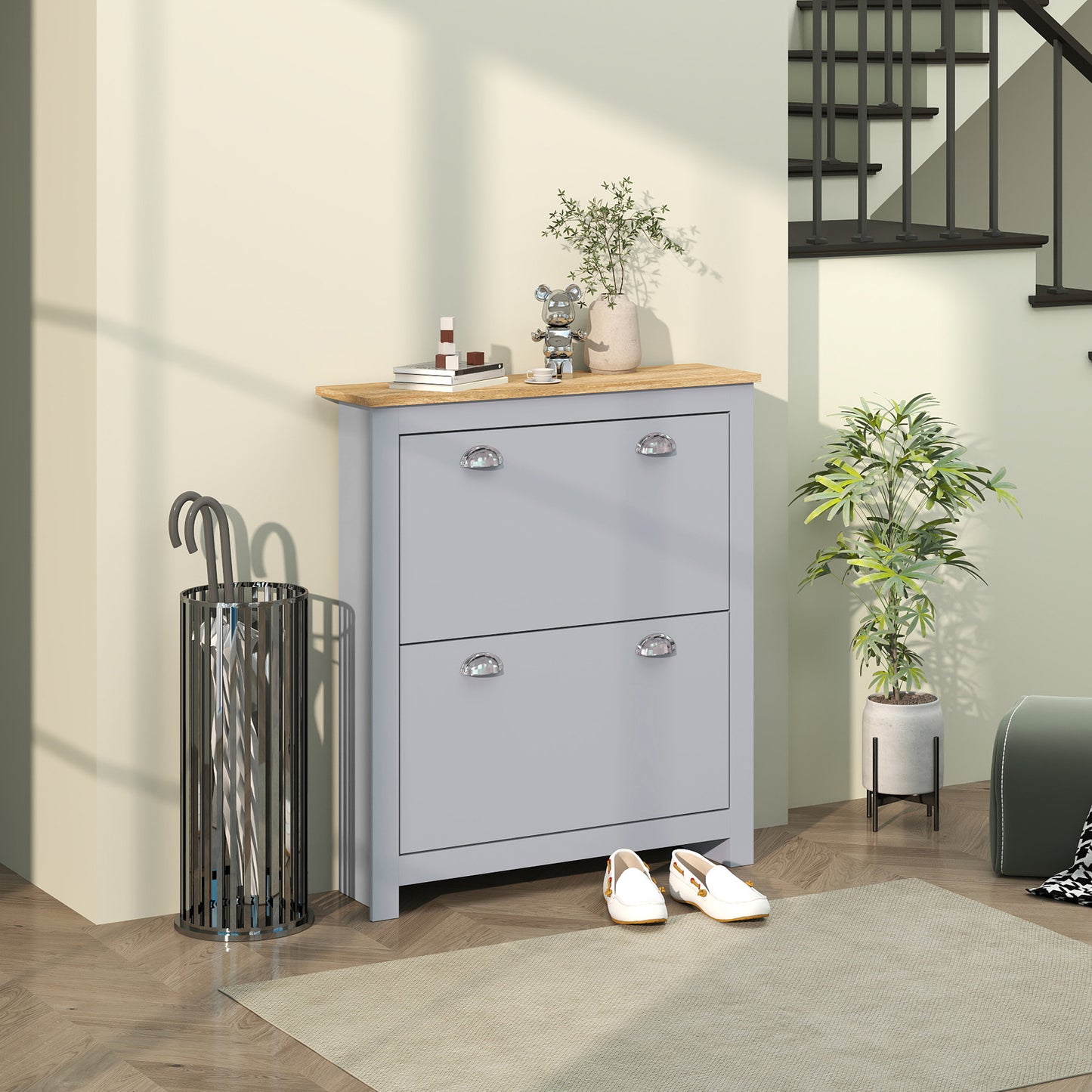 HOMCOM 2 Drawer Modern Shoe Cabinet, Hallway Wooden Storage Organizer with Flip Doors, Adjustable Shelf for 12 Pairs, Grey