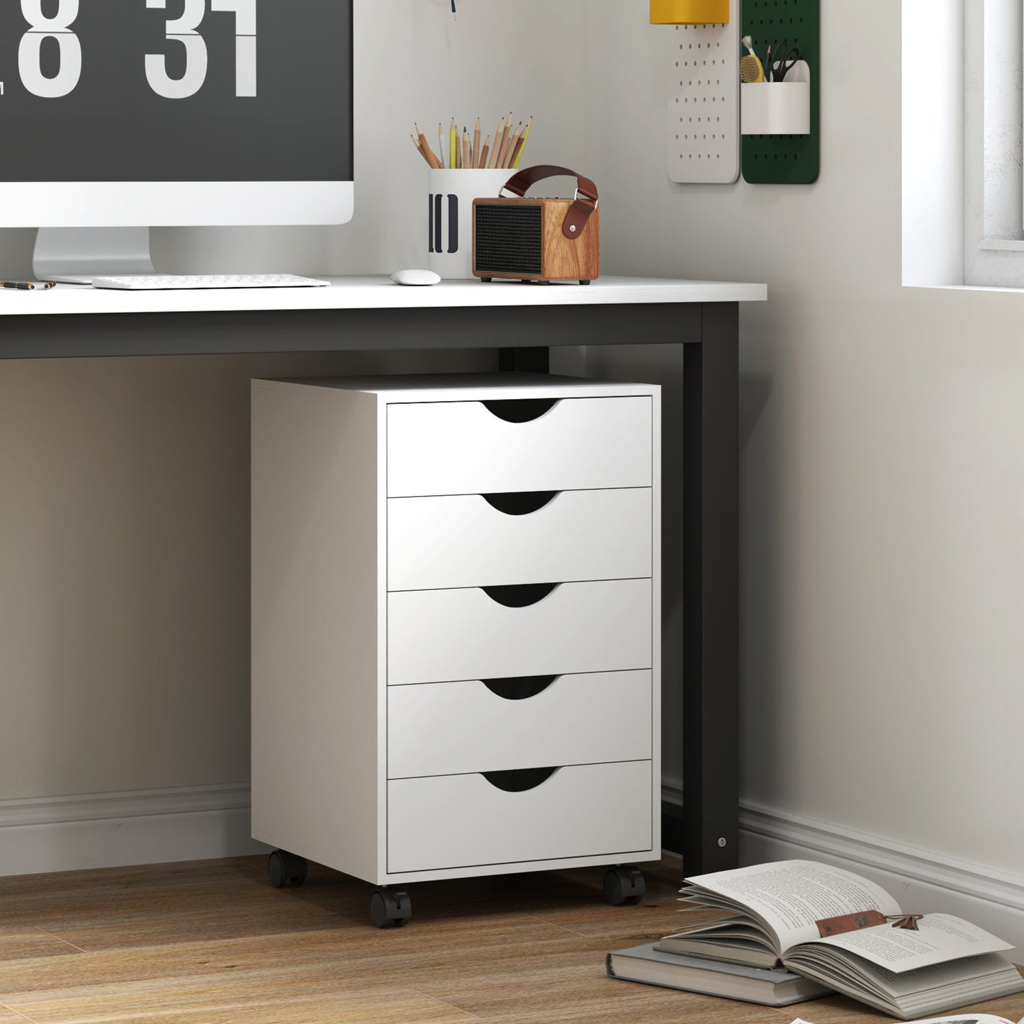 HOMCOM 5 Drawer Mobile Filing Cabinet, Vertical File Cabinet, Modern Rolling Office Storage Organizer Cupboard, White