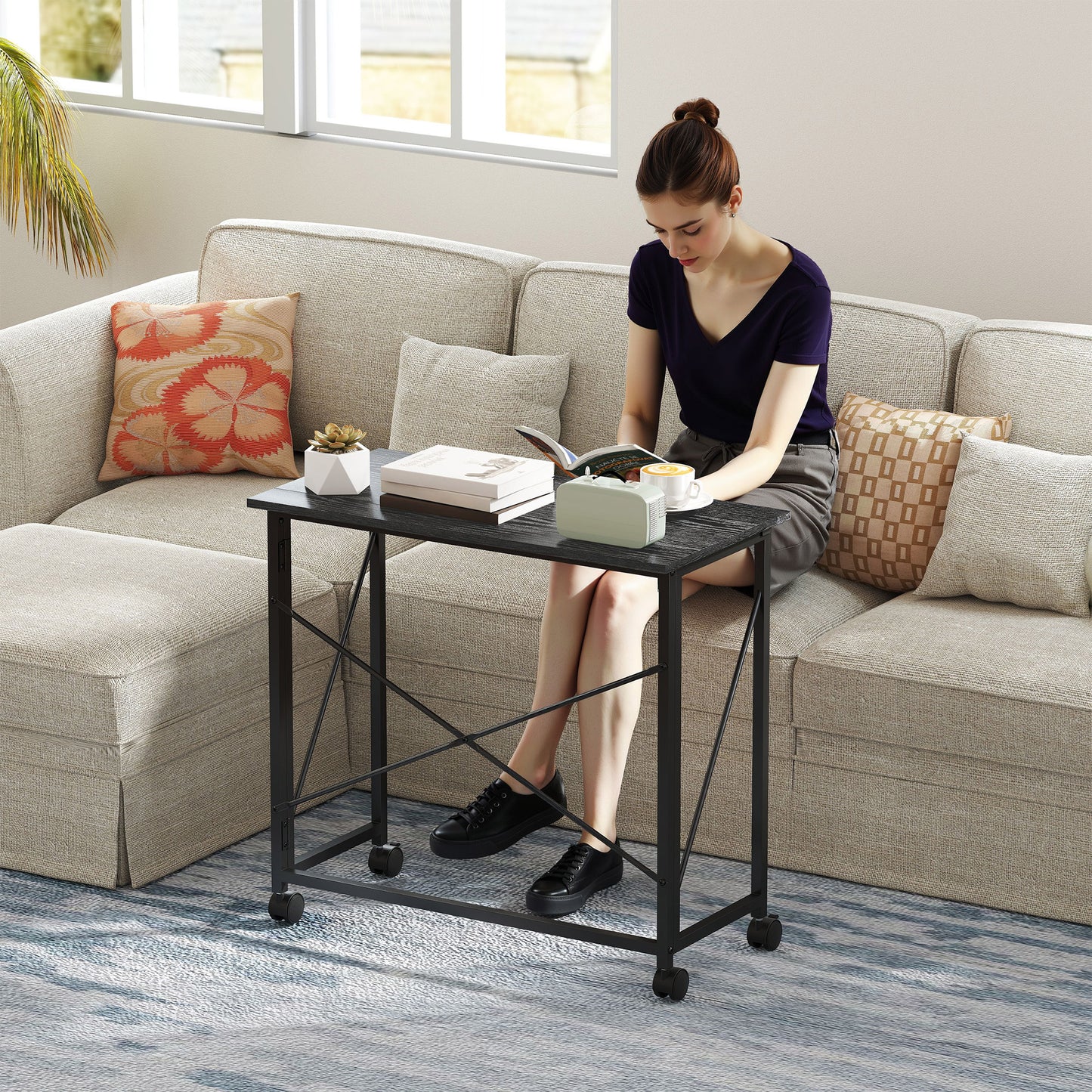 HOMCOM 80 cm Folding Desk on Wheels - Black