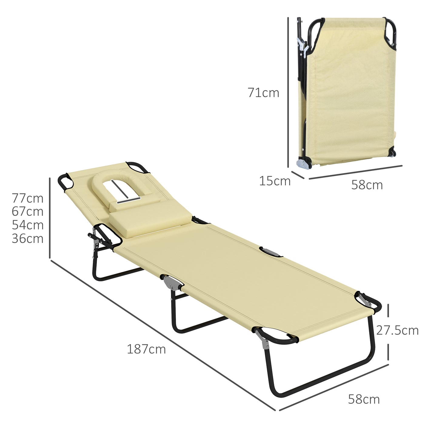 Outsunny Foldable Sun Lounger Set with Pillow Adjustable Backrest - Beige