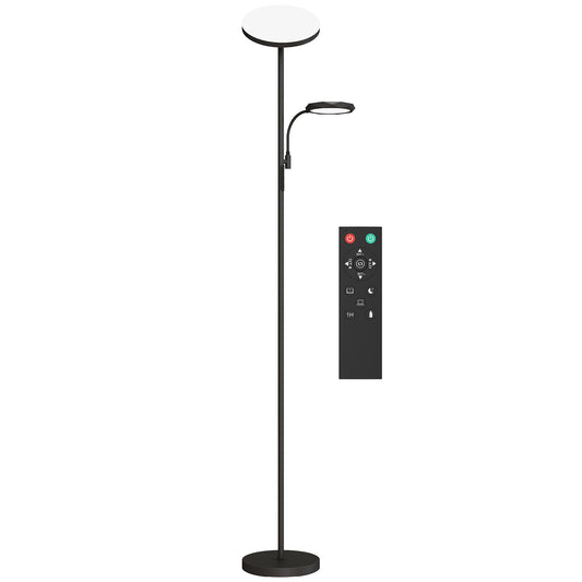 HOMCOM LED Floor Lamp, Stepless Dimmable Uplighter with Reading Light, 4 Scene Modes, 2700K-6500K, 4 Brightness Levels, Remote Control, for Living Room