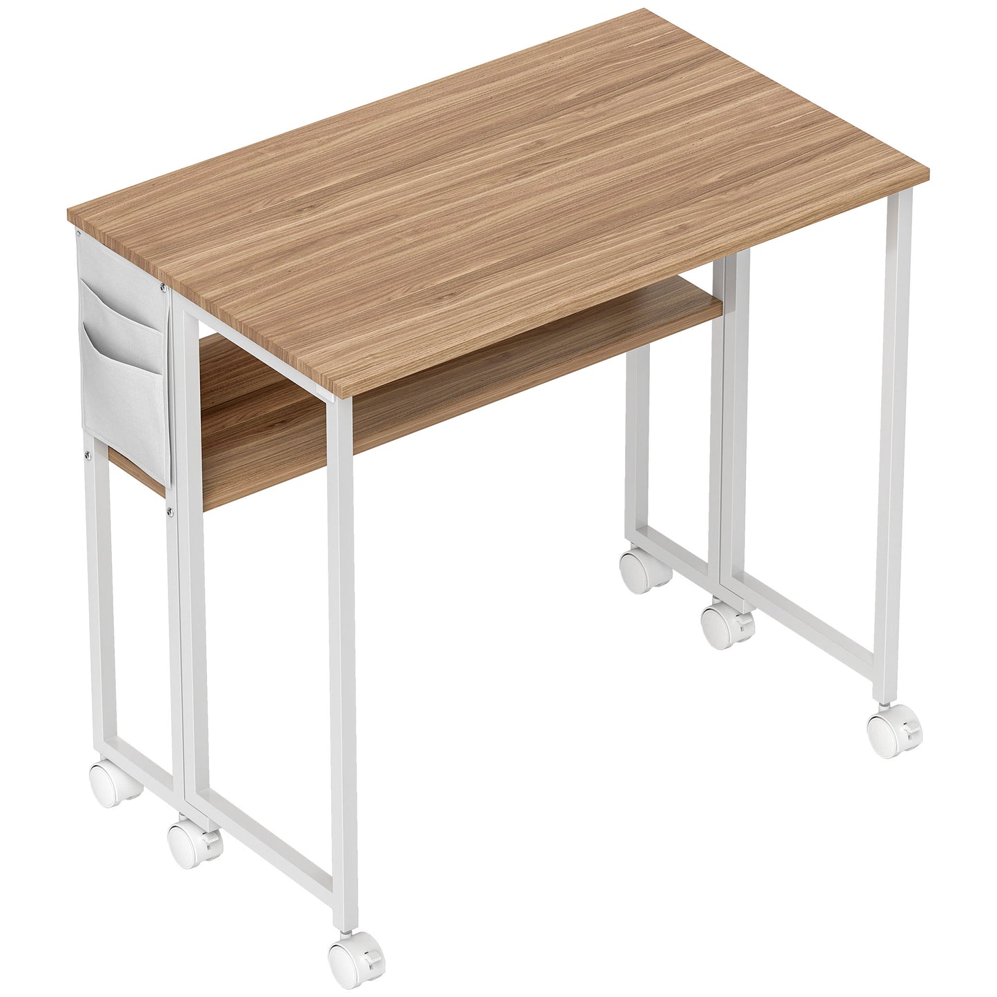 HOMCOM 80 cm Folding Desk with Storage Shelf and Drop Leaf on Wheels - Natural Wood Finish