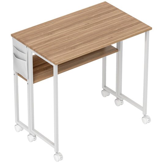 HOMCOM 80 cm Folding Desk with Storage Shelf and Drop Leaf on Wheels - Natural Wood Finish