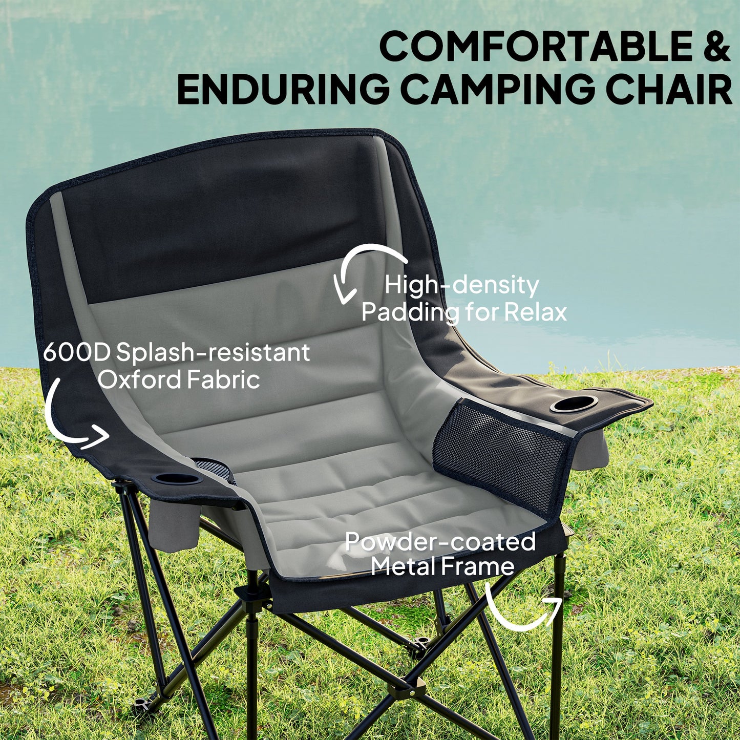 Outsunny Folding Camping Chair, Portable Padded Chair with Cup Holders, Side Pockets, Carry Bag for Picnic, Hiking, Fishing, Grey