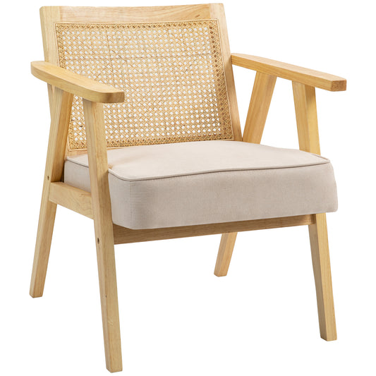 HOMCOM Bohemian Armchair, Fabric Seat, Rattan Back, Rubber Wood Frame, Natural Finish