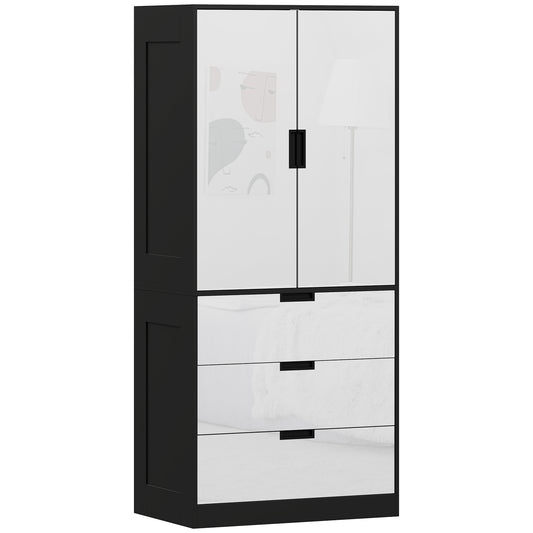 HOMCOM 2 Door Wardrobe, Modern Wardrobe with 3 Drawers and Hanging Rod for Bedroom, High Gloss White