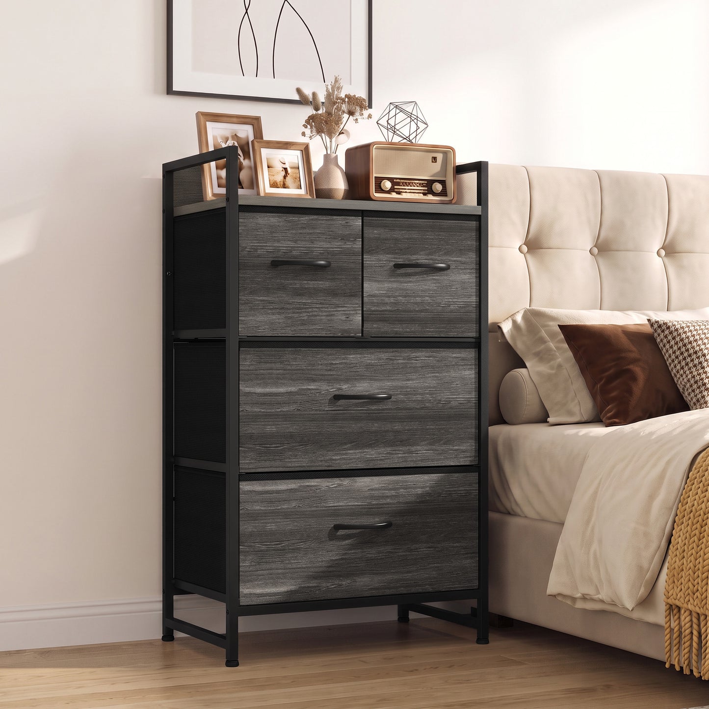 HOMCOM Rustic Chest of Four Fabric Drawers - Grey Wood Effect