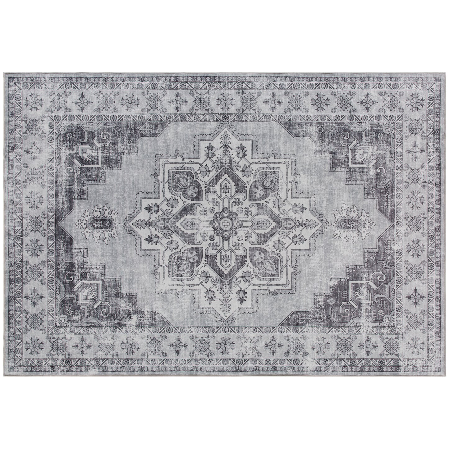 HOMCOM Vintage Area Rug, Floral Pattern, Non-Slip, Washable Flannel Carpet for Living Room, Bedroom, Dining Room, Home Office, 230x160 cm, Grey