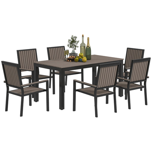 Outsunny 6 Seater Garden Dining Set, Stackable Chairs, Aluminium Frame, Plastic Top, Outdoor Patio, Brown