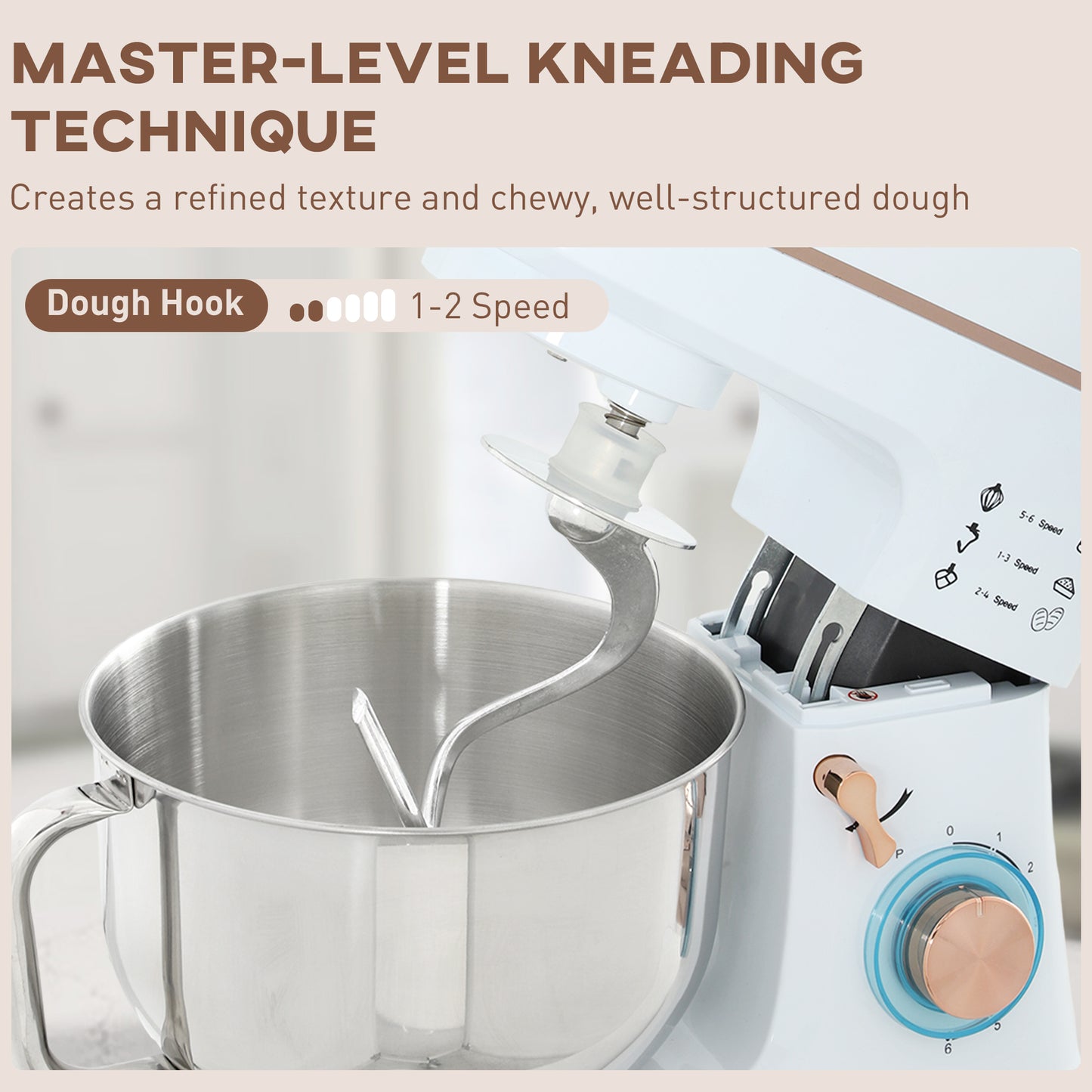 HOMCOM Stand Mixer, 5L, 1400W, 6 Speeds, Pulse, Hook, Whisk, Stainless Bowl, Splash Guard, Beater, White