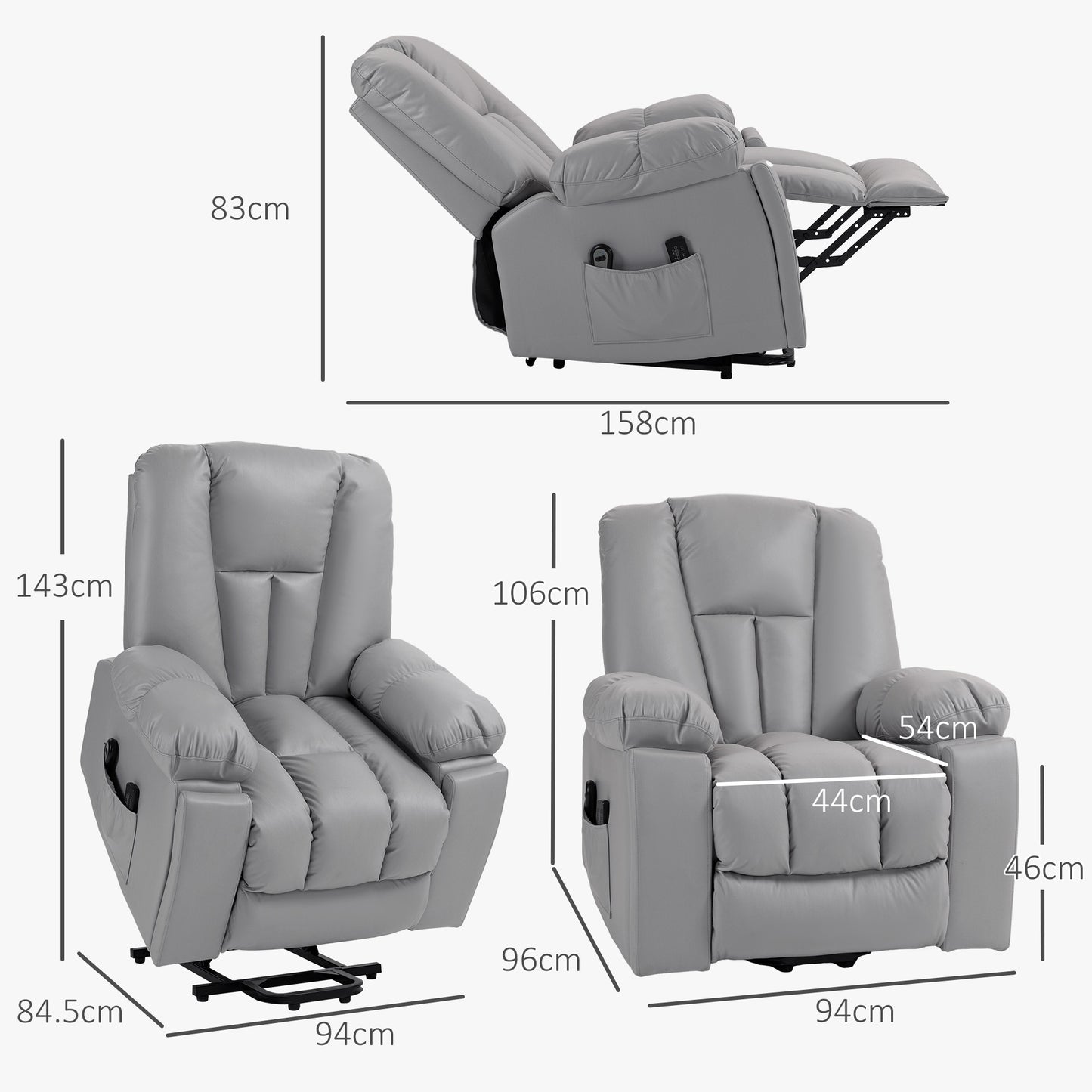 HOMCOM Lift Chair Quick Assembly Riser and Recliner Chair with Vibration Massage Heat Charcoal Grey