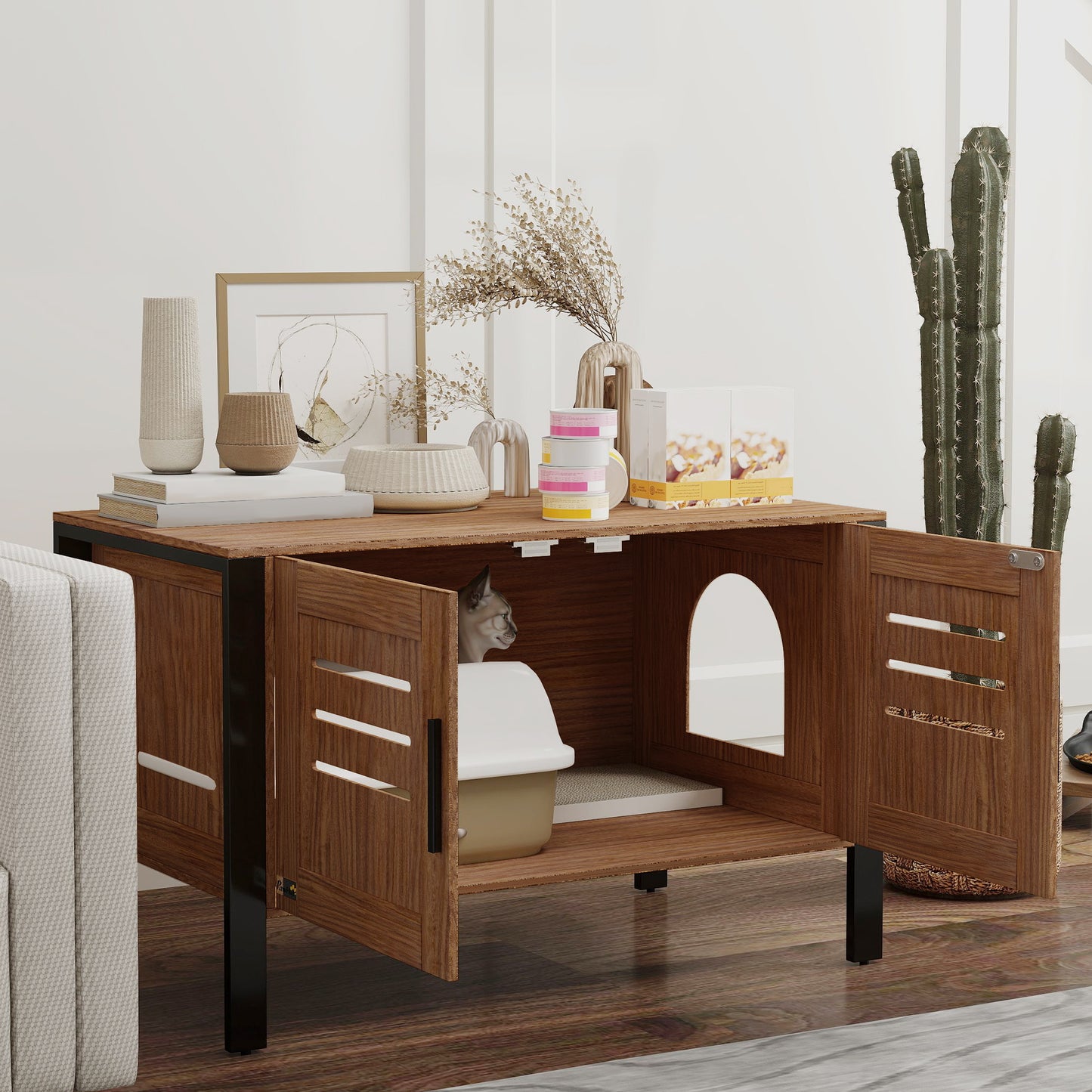 PawHut Cat Litter Box Enclosure with Tall Legs, Scratching Board, Double Doors, Ventilation Holes, 80 x 45 x 50 cm, Dark Brown