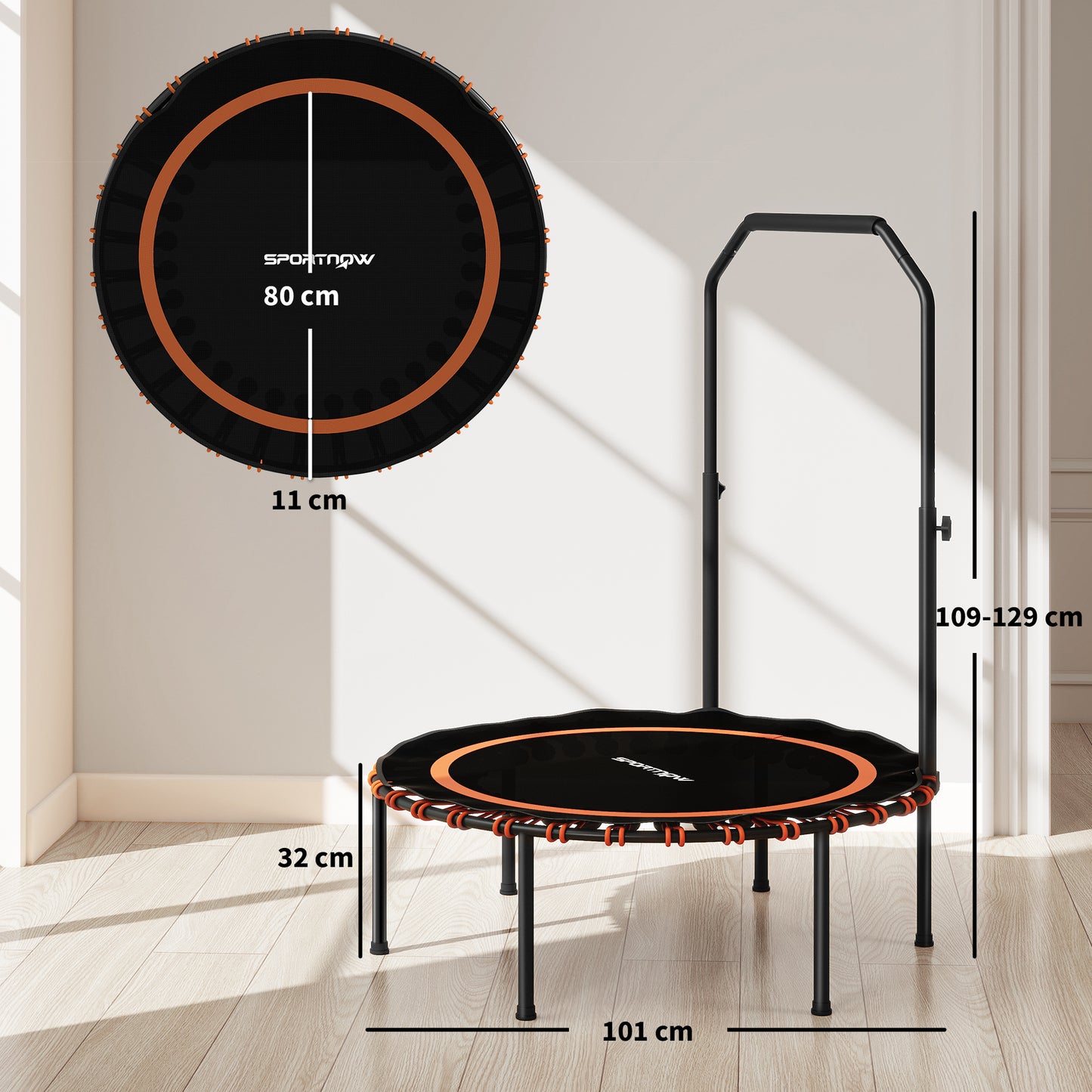 SPORTNOW 40'' Foldable Fitness Trampoline, Mini Bungee Rebounder with 5-Level Adjustable Handle for Adults, Indoor/Outdoor Exercise, Orange
