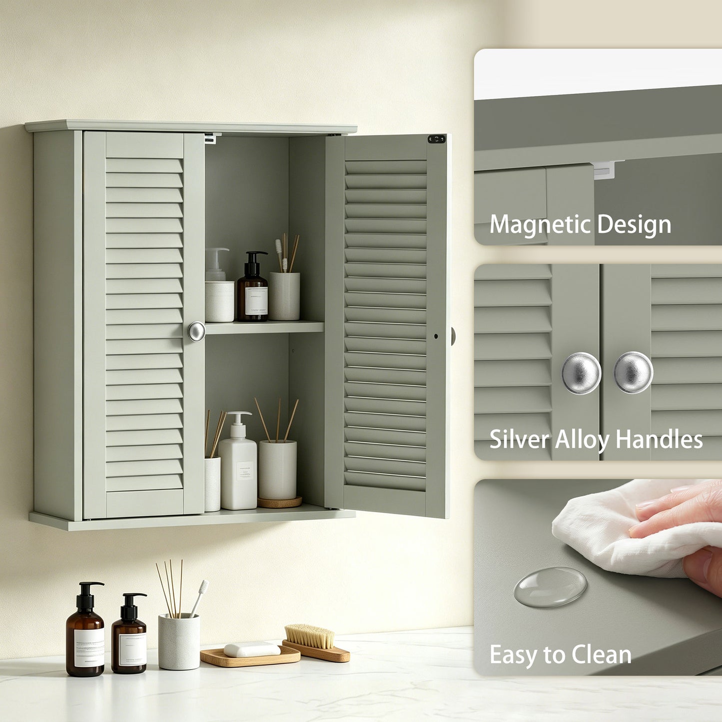 HOMCOM Bathroom Cabinet, Bathroom Wall Cabinet with Louvered Doors and Adjustable Shelf Storage for Kitchen, Light Green