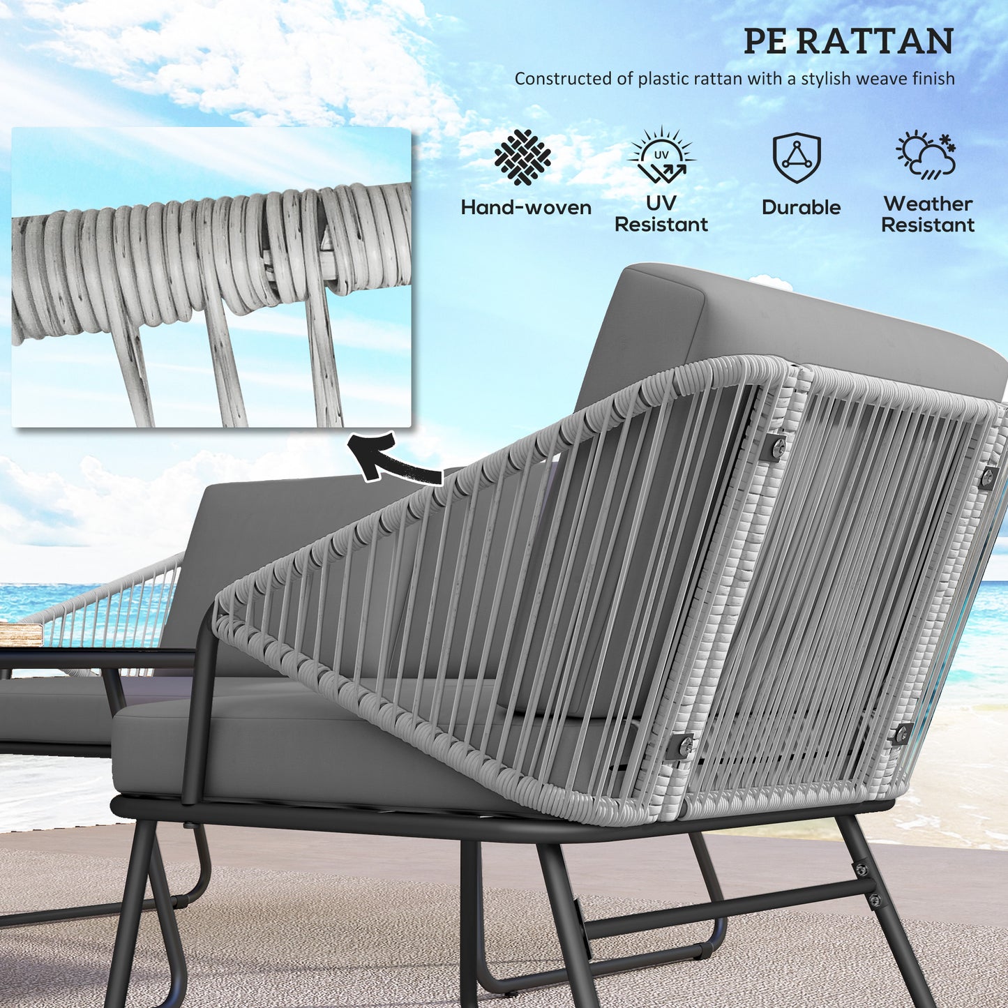 Outsunny 4 Piece Rattan Garden Furniture Set: Loveseat, Armchairs, Coffee Table & Cushions, Grey